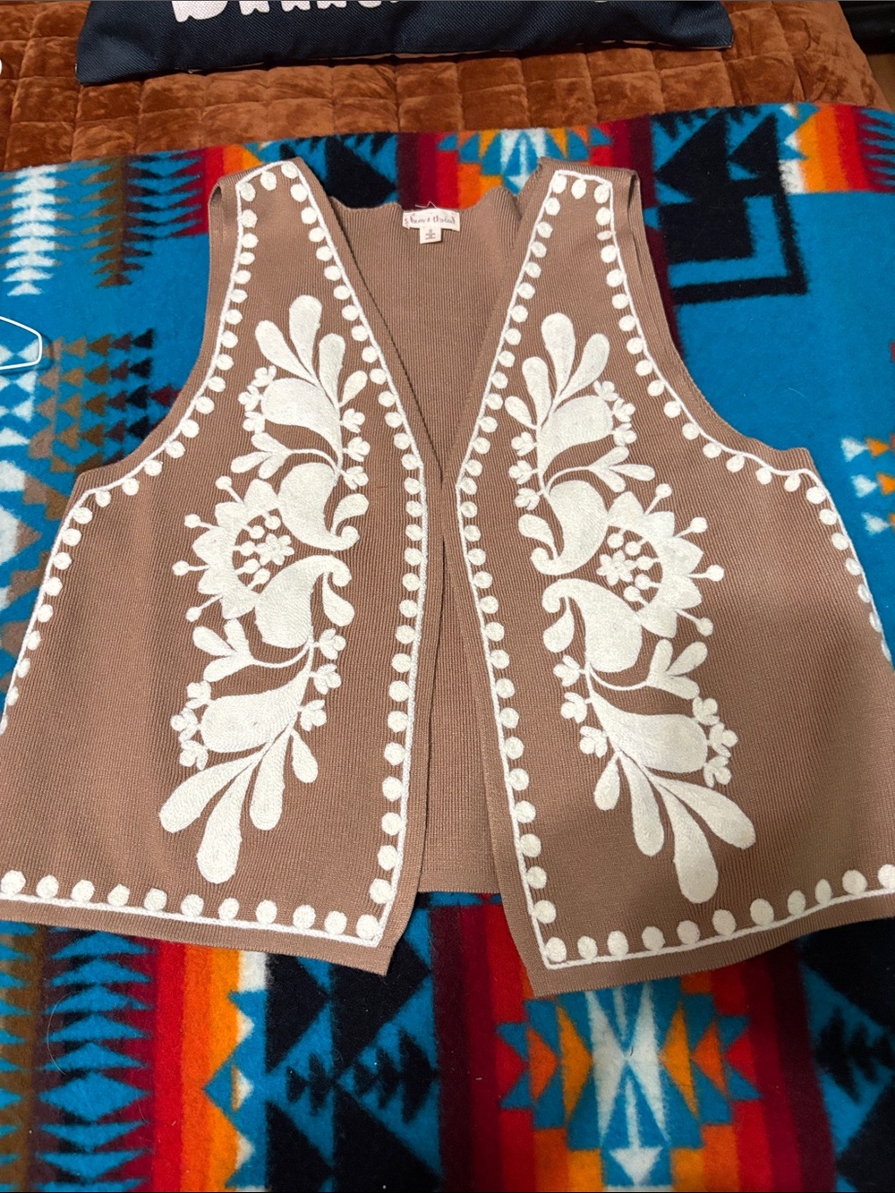 Hem & Thread Brown Knit Vest with Cream Floral Embroidery